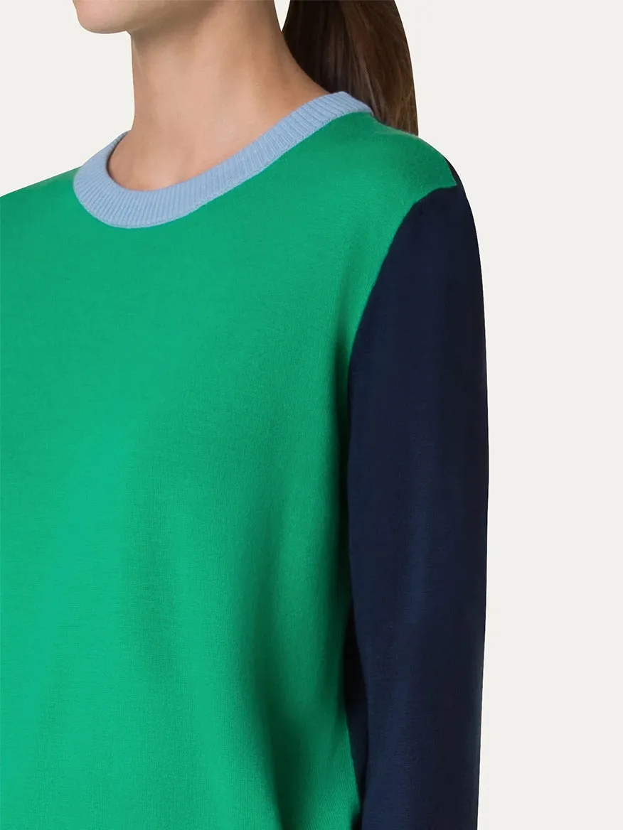 Akris Punto Colorblock Merino Sweater in Sea Green/Navy/Sky