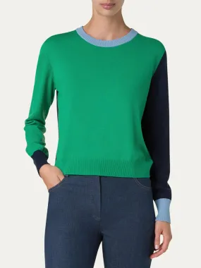 Akris Punto Colorblock Merino Sweater in Sea Green/Navy/Sky