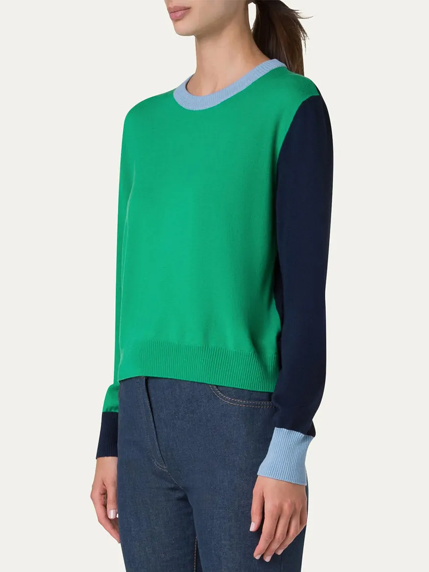 Akris Punto Colorblock Merino Sweater in Sea Green/Navy/Sky