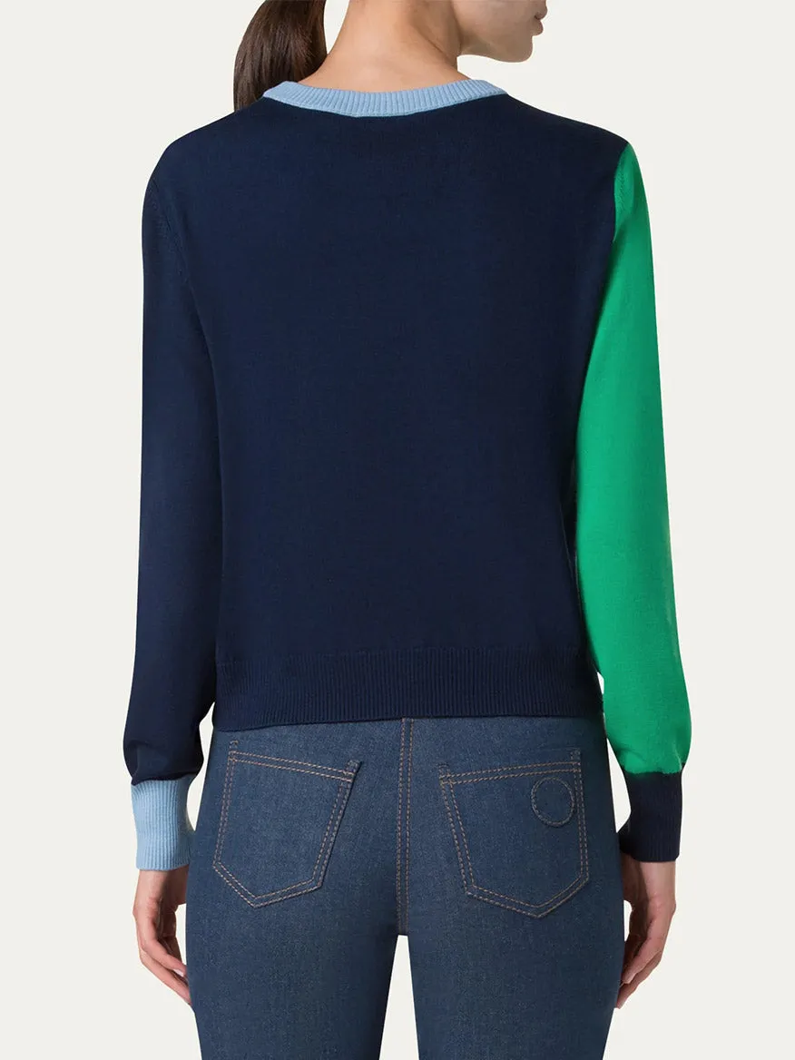 Akris Punto Colorblock Merino Sweater in Sea Green/Navy/Sky