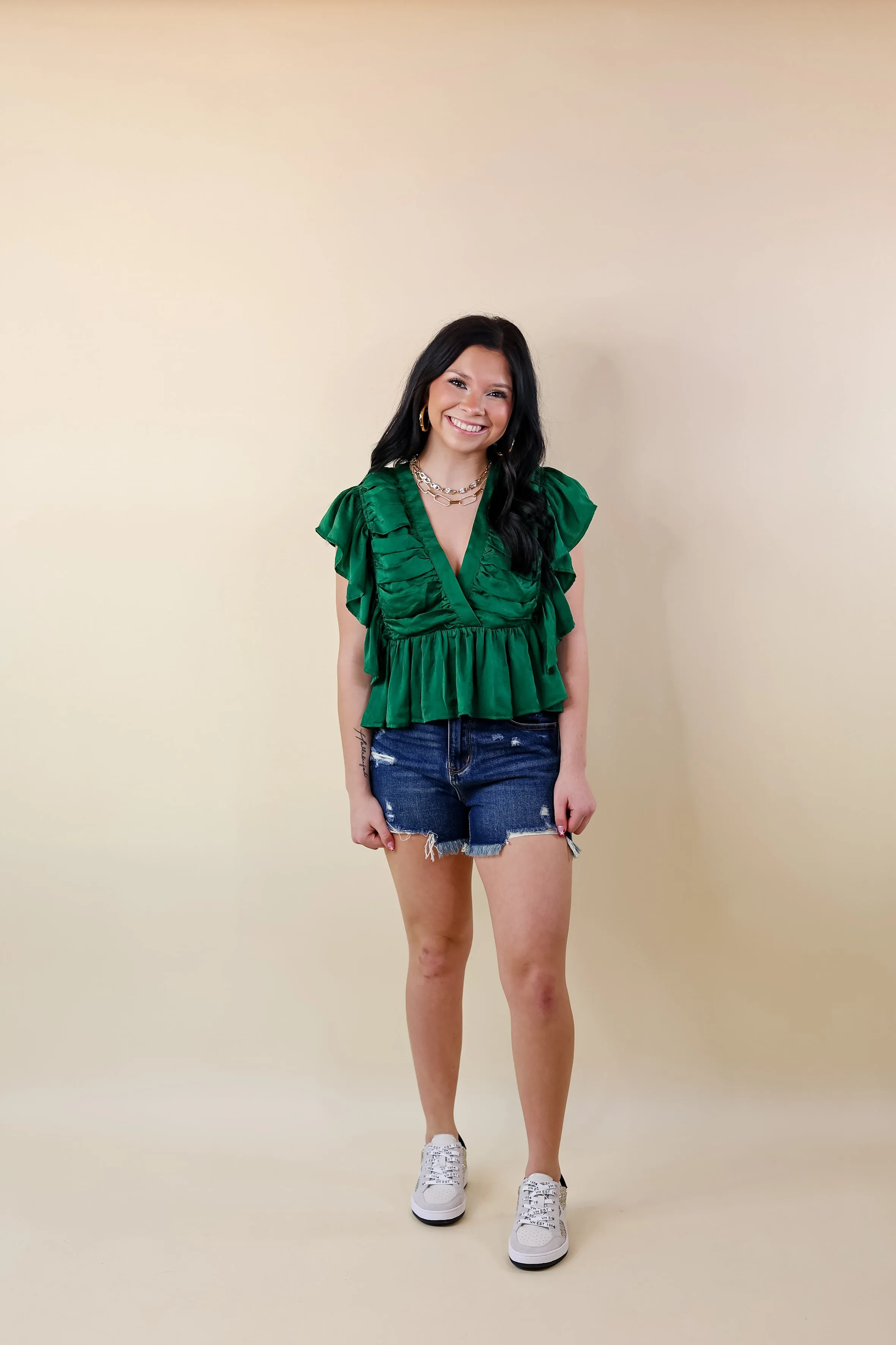Fresh Take Ruched V Neck Crop Top in Green