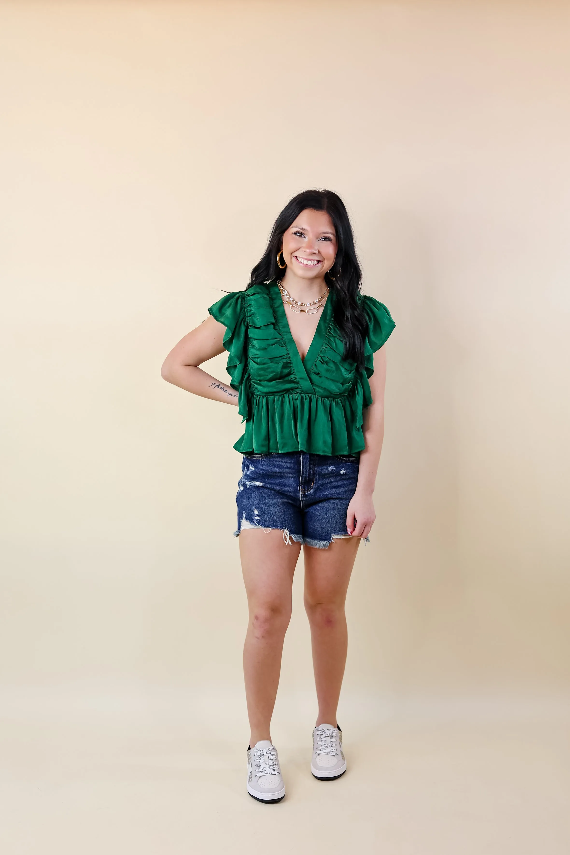 Fresh Take Ruched V Neck Crop Top in Green