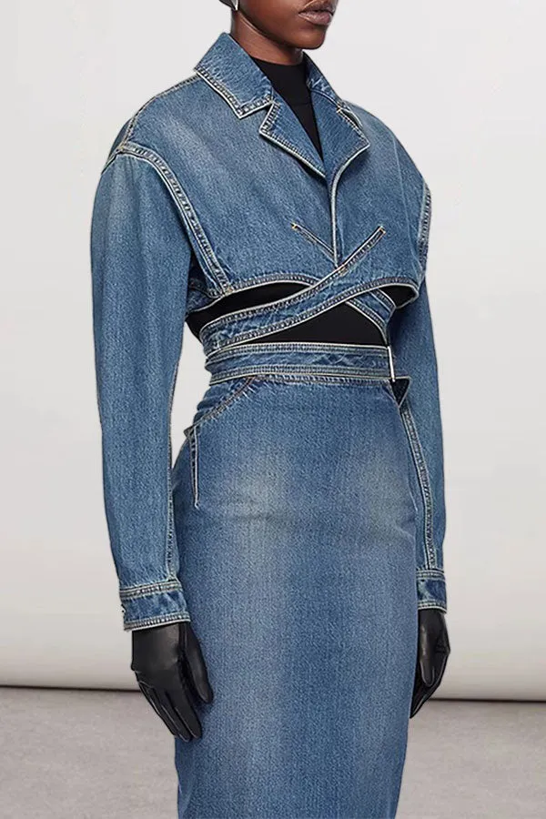 hulianfu Blue Denim Unique Criss Cross Strappy Jacket