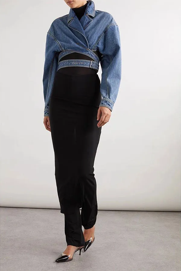hulianfu Blue Denim Unique Criss Cross Strappy Jacket