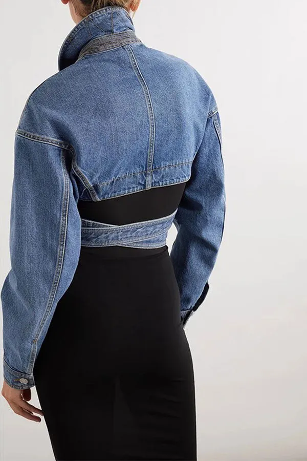 hulianfu Blue Denim Unique Criss Cross Strappy Jacket