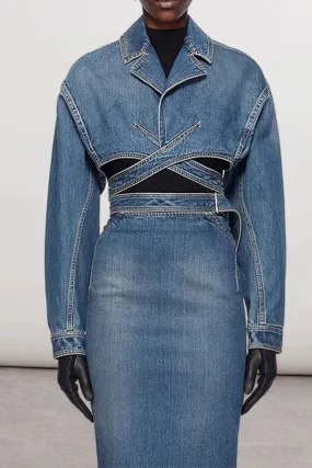 hulianfu Blue Denim Unique Criss Cross Strappy Jacket