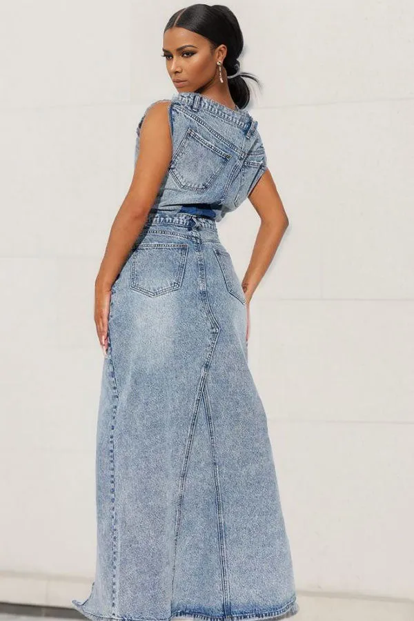 hulianfu Blue Romantic High Split Slash Neck Dress Suit