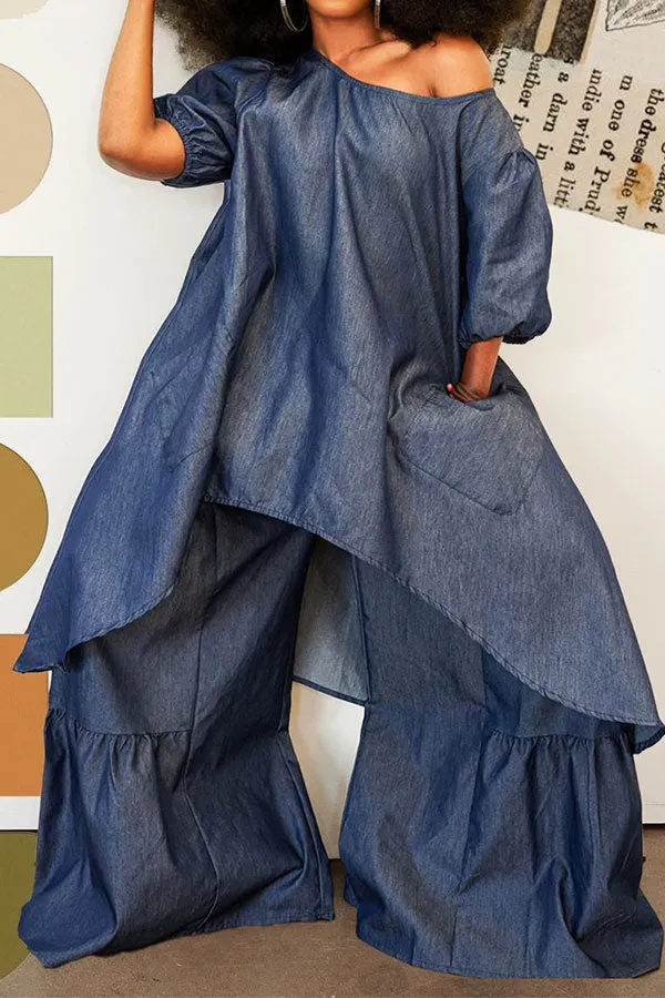 hulianfu Denim On-trend Irregular Top & Ruffle Pant Suit