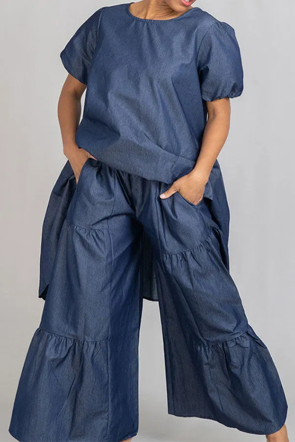 hulianfu Denim On-trend Irregular Top & Ruffle Pant Suit