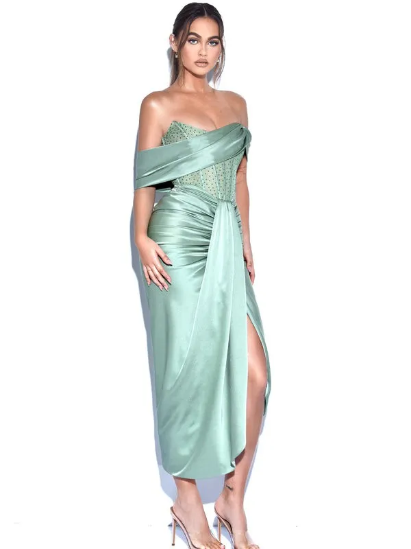 Light Green Off Shoulder Crystal Corset Satin Gown