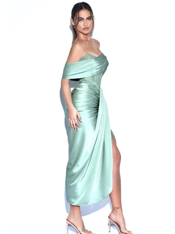 Light Green Off Shoulder Crystal Corset Satin Gown