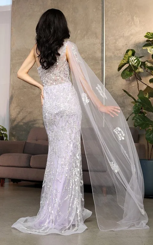 Lilac Sexy One-Shoulder Sequined Tulle Long Evening Dress