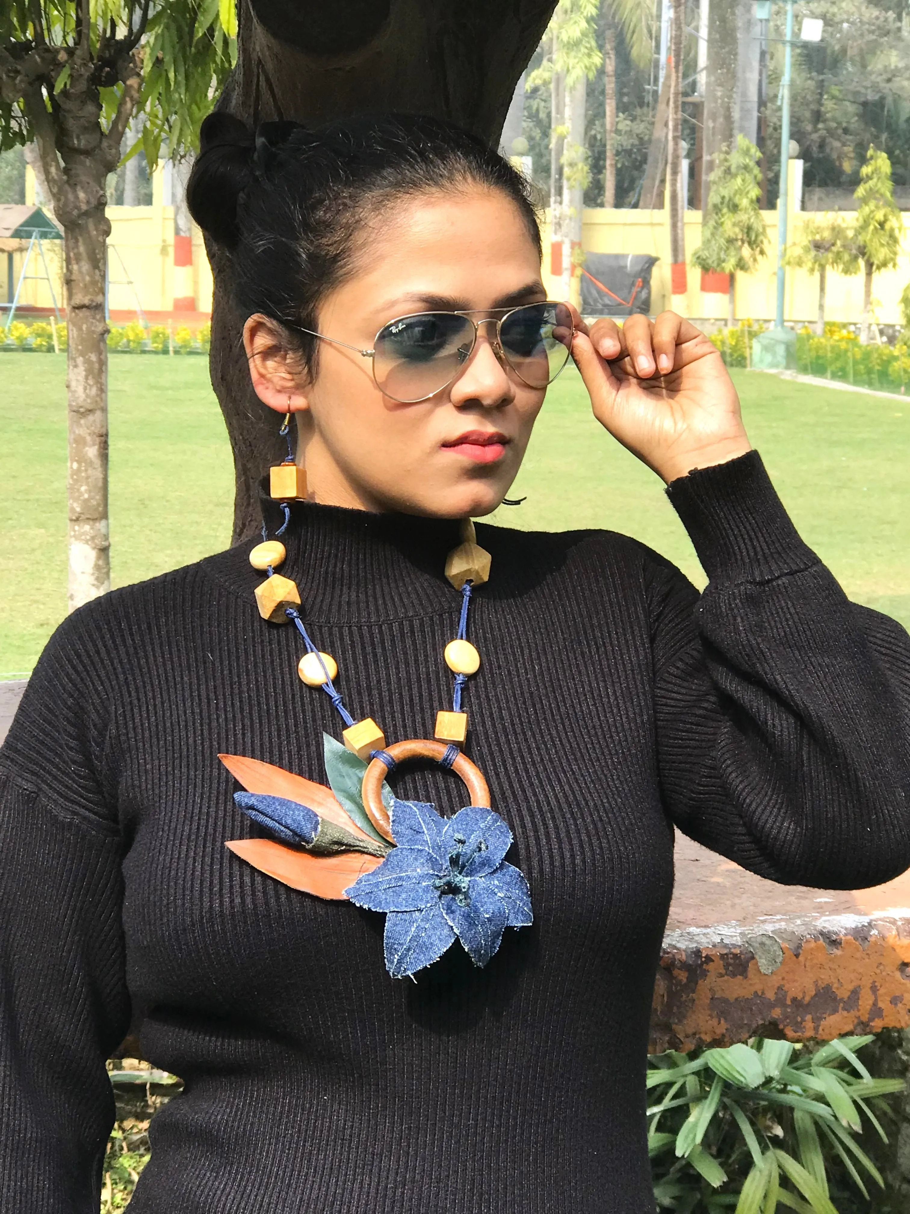 Mary Denim Necklace & Earrings set