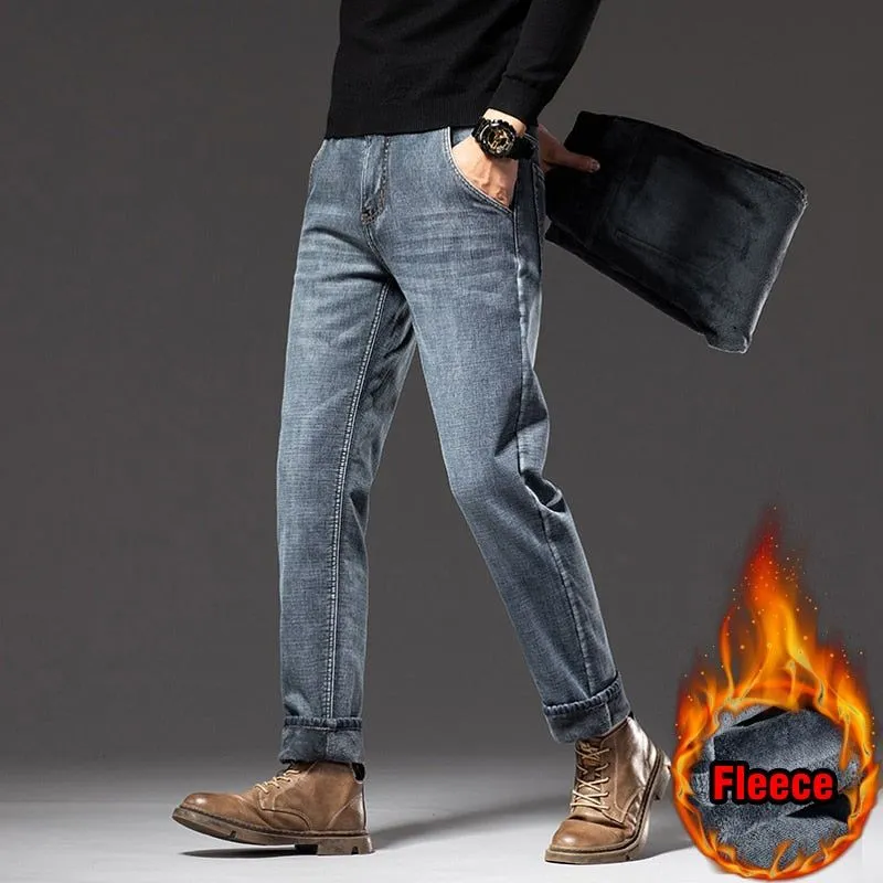Men Fleece Lined Warm Jeans Classic Style Regular Fit Stretch