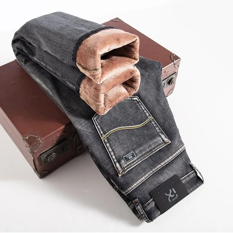 Men Fleece Lined Warm Jeans Classic Style Regular Fit Stretch