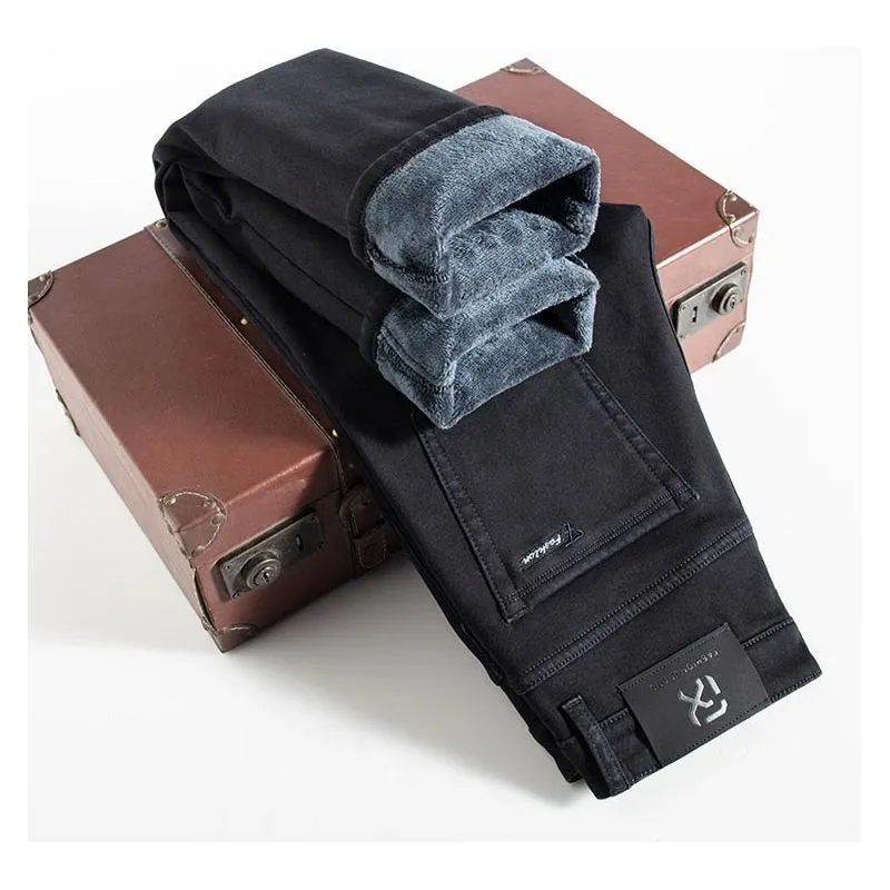 Men Fleece Lined Warm Jeans Classic Style Regular Fit Stretch