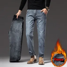 Men Fleece Lined Warm Jeans Classic Style Regular Fit Stretch