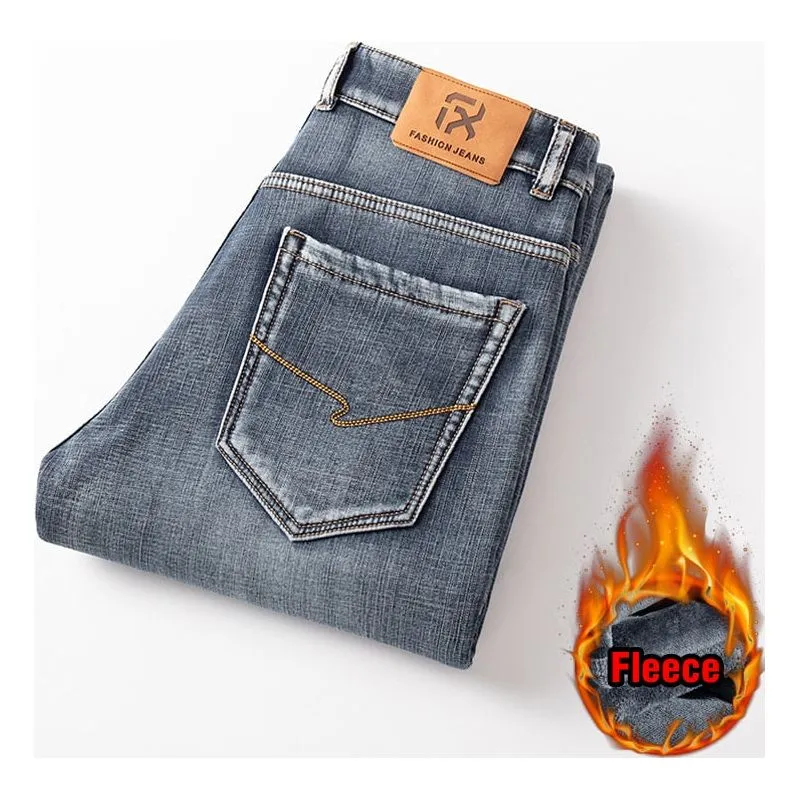 Men Fleece Lined Warm Jeans Classic Style Regular Fit Stretch