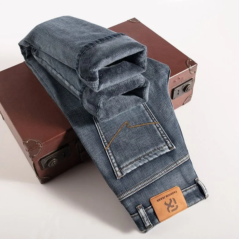 Men Fleece Lined Warm Jeans Classic Style Regular Fit Stretch