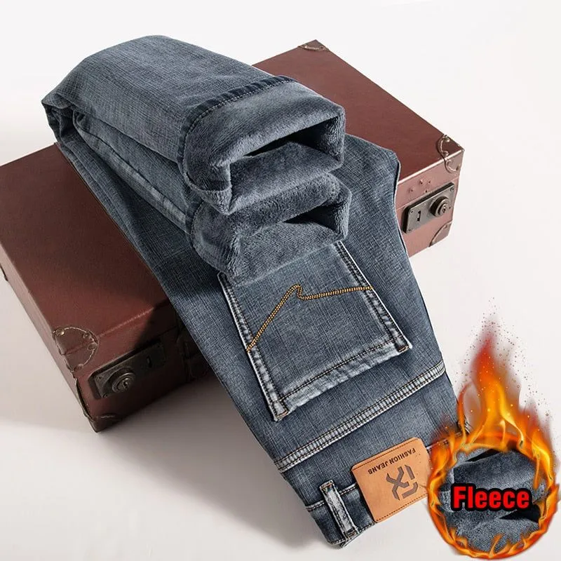 Men Fleece Lined Warm Jeans Classic Style Regular Fit Stretch