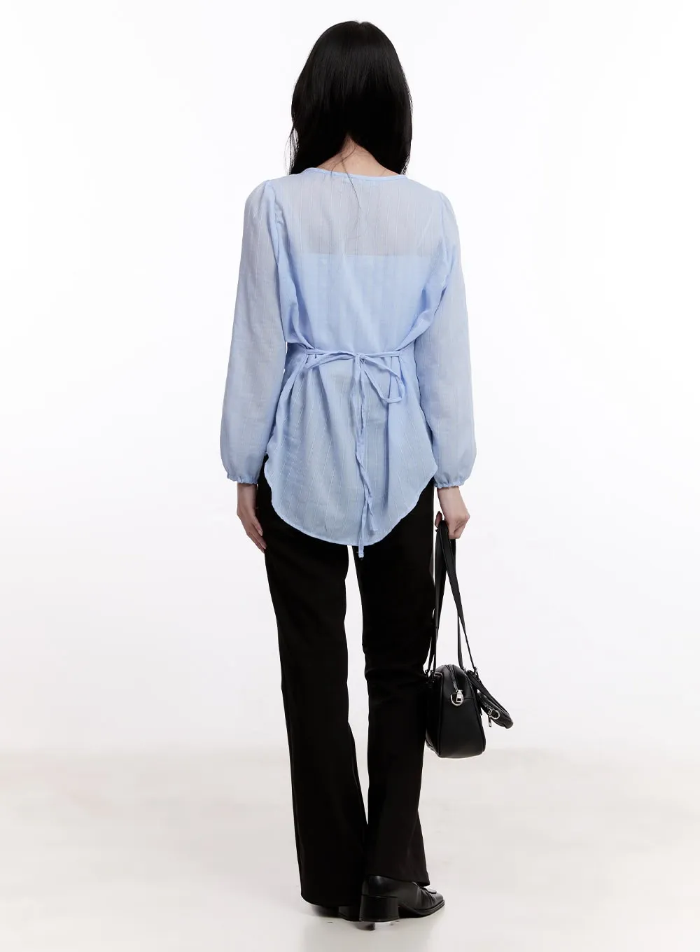 Sheer Ribbon Buttoned Long-Sleeve Blouse CM527