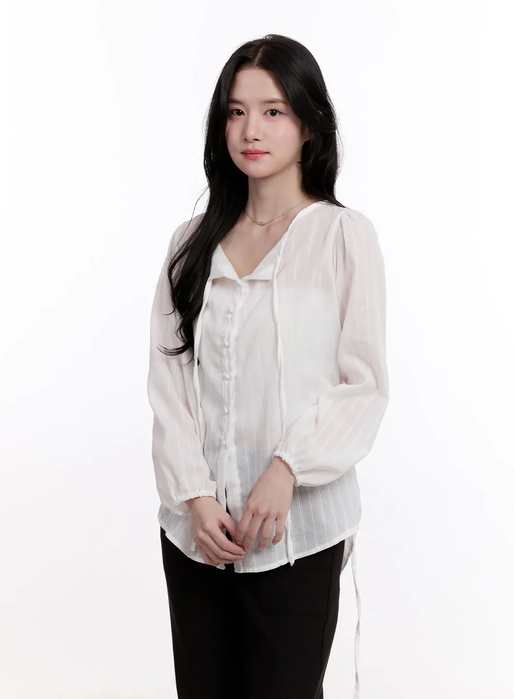 Sheer Ribbon Buttoned Long-Sleeve Blouse CM527