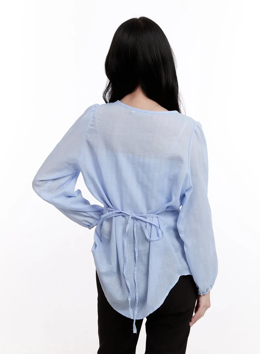 Sheer Ribbon Buttoned Long-Sleeve Blouse CM527