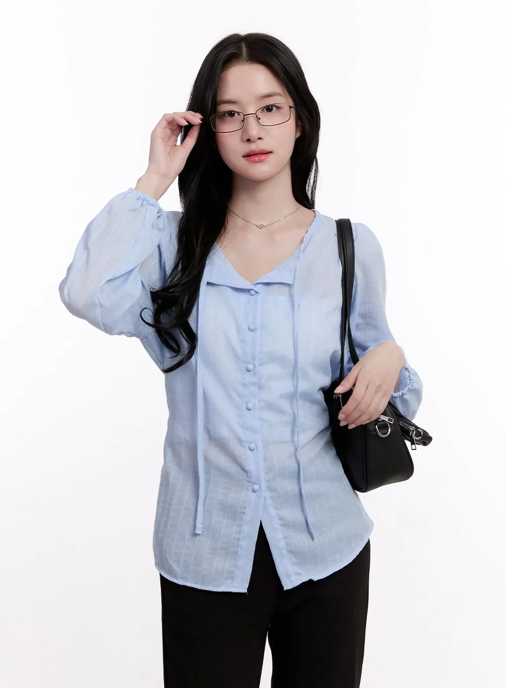 Sheer Ribbon Buttoned Long-Sleeve Blouse CM527