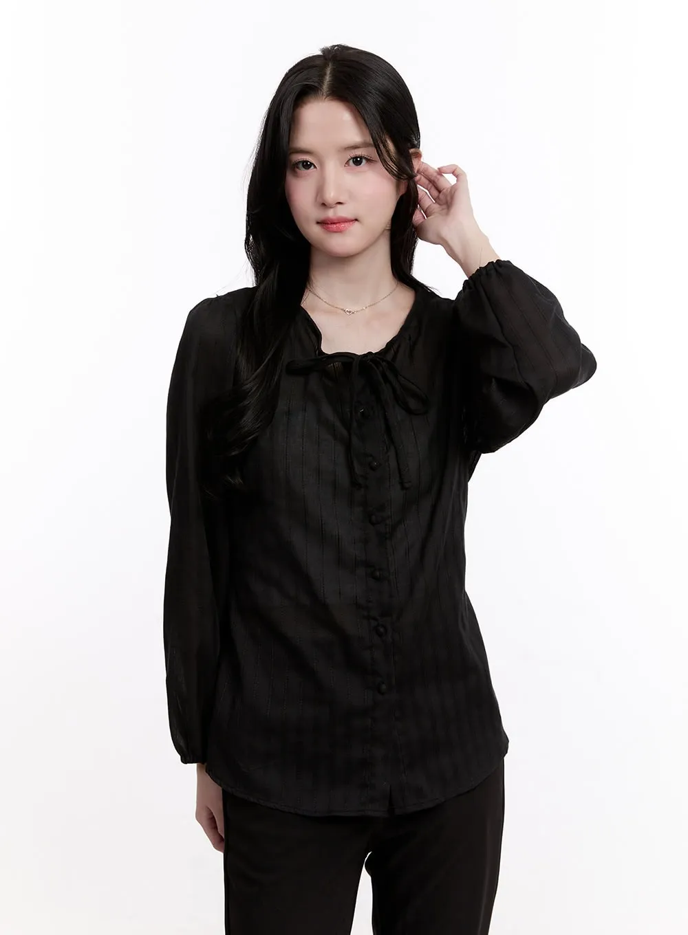 Sheer Ribbon Buttoned Long-Sleeve Blouse CM527