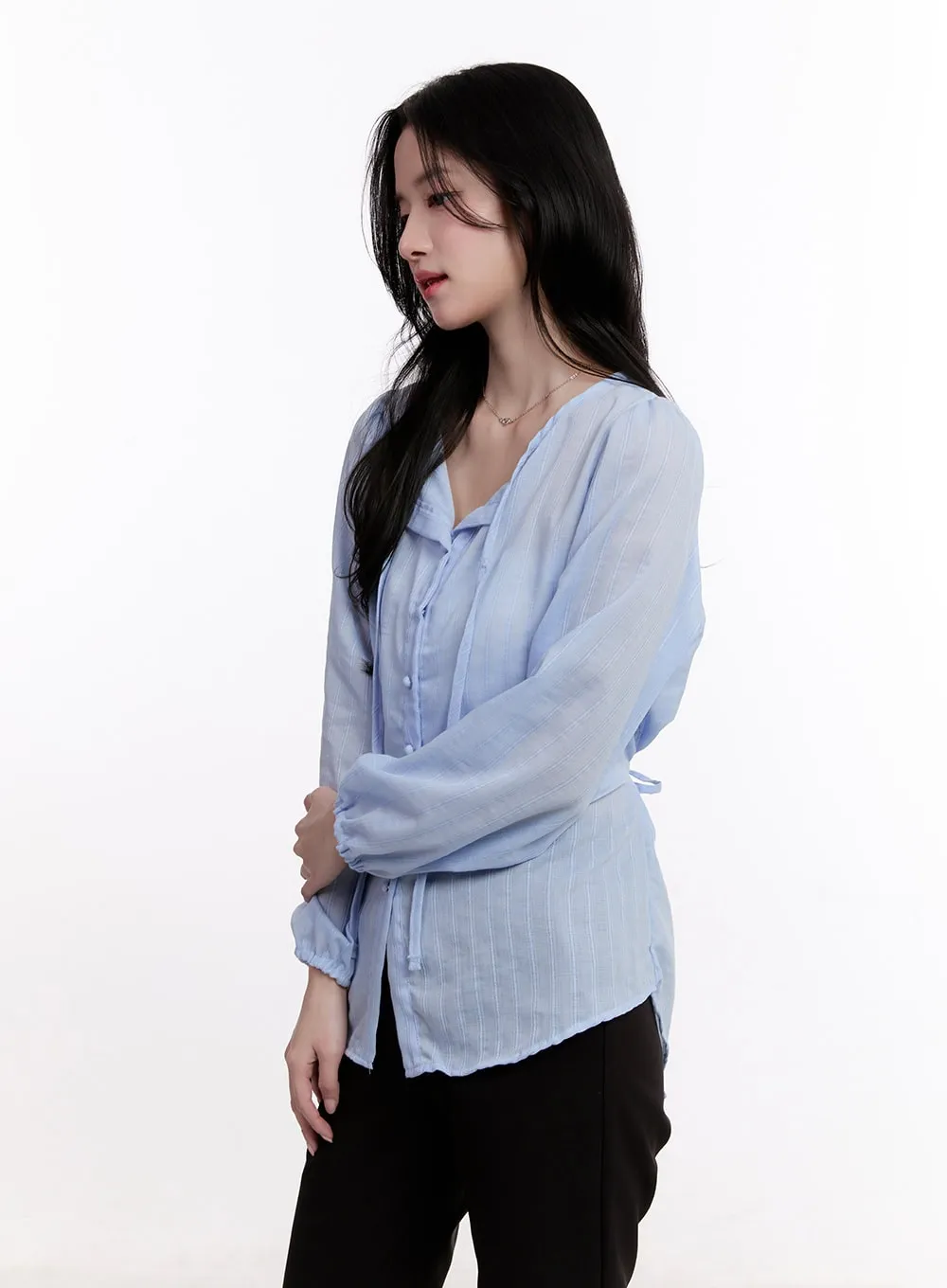 Sheer Ribbon Buttoned Long-Sleeve Blouse CM527
