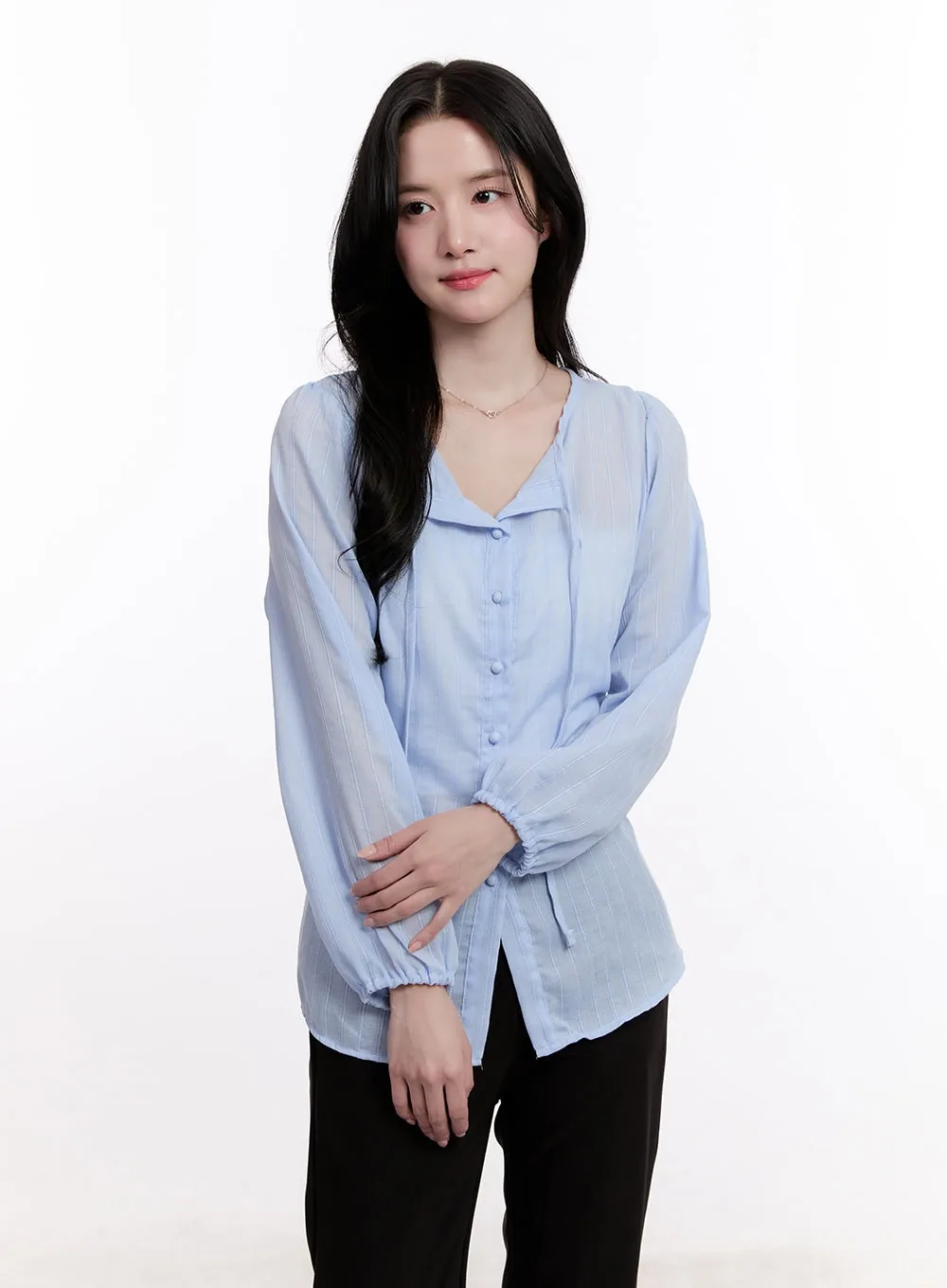 Sheer Ribbon Buttoned Long-Sleeve Blouse CM527