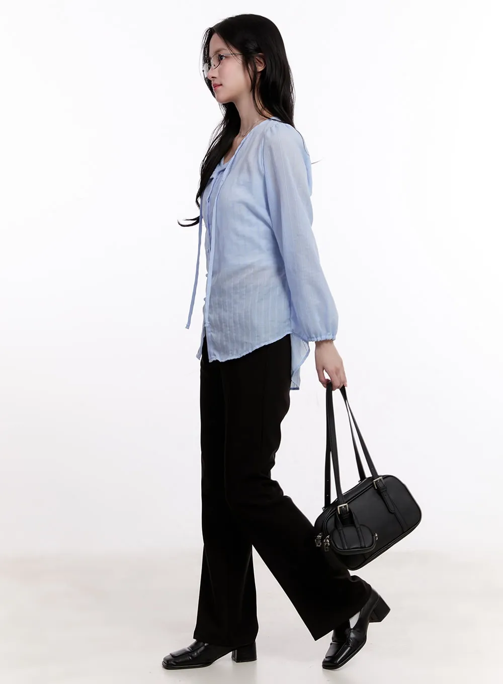Sheer Ribbon Buttoned Long-Sleeve Blouse CM527