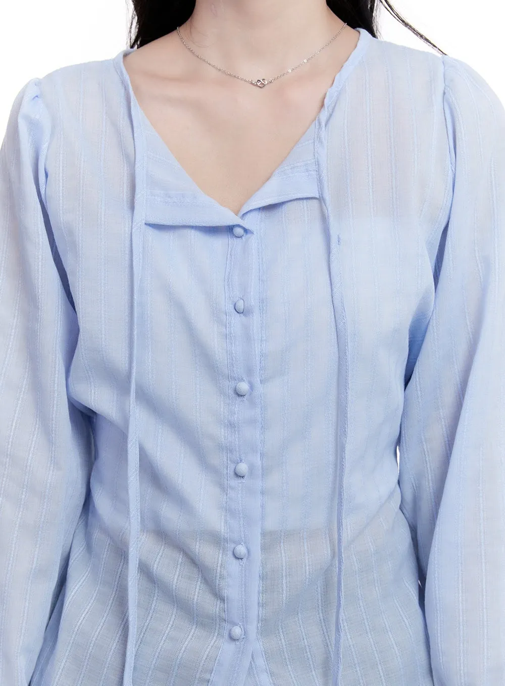 Sheer Ribbon Buttoned Long-Sleeve Blouse CM527