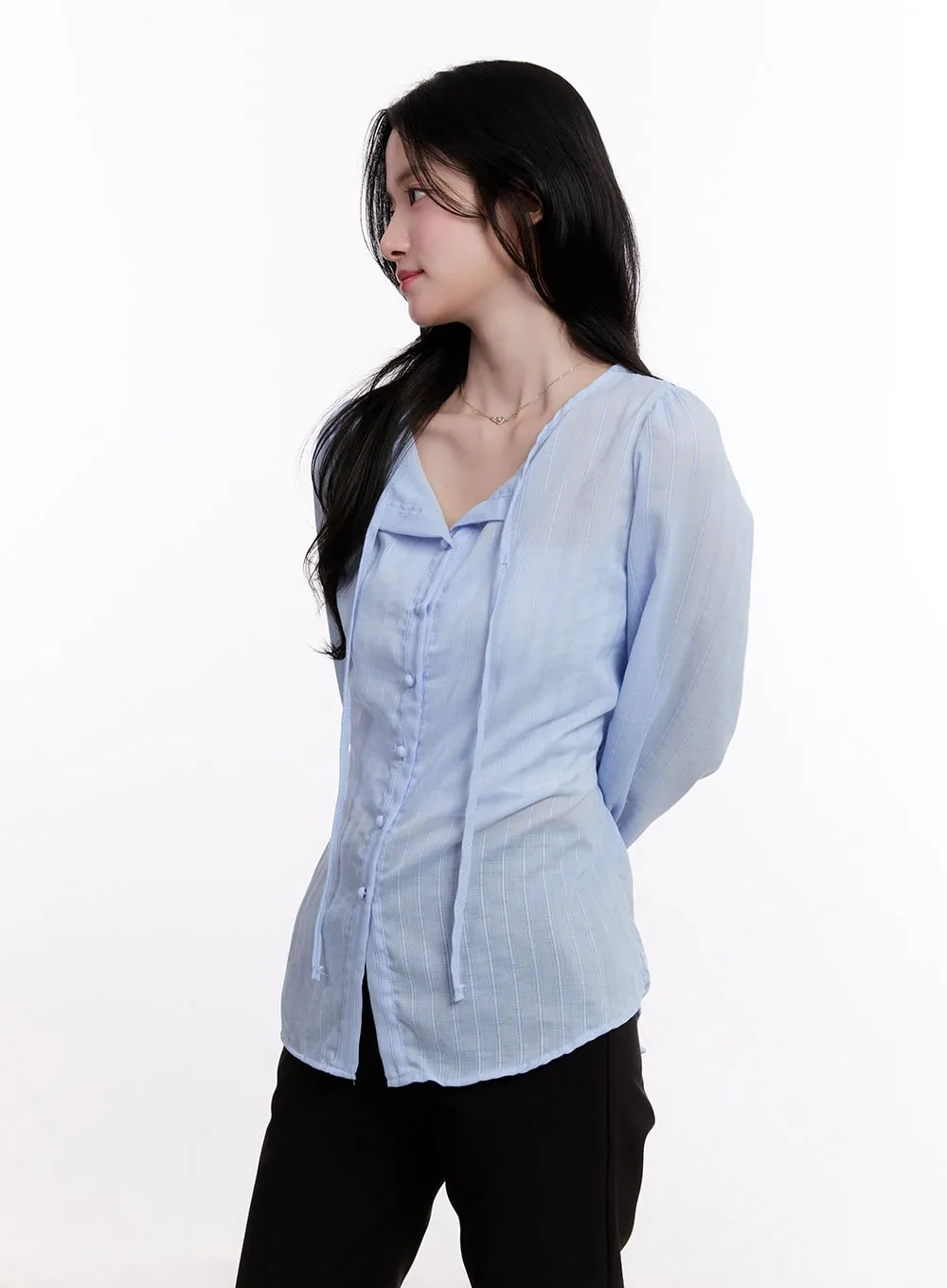 Sheer Ribbon Buttoned Long-Sleeve Blouse CM527