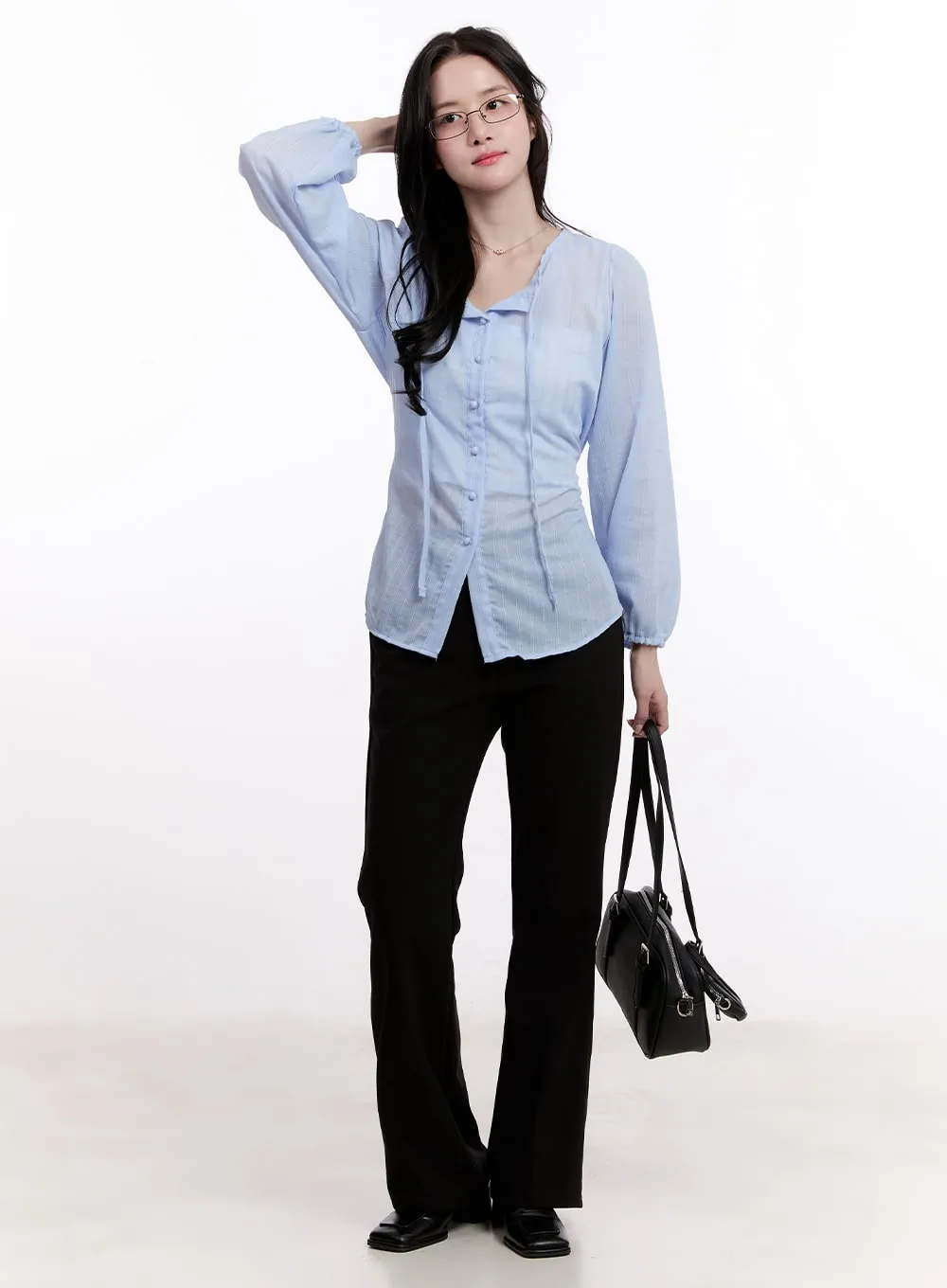 Sheer Ribbon Buttoned Long-Sleeve Blouse CM527