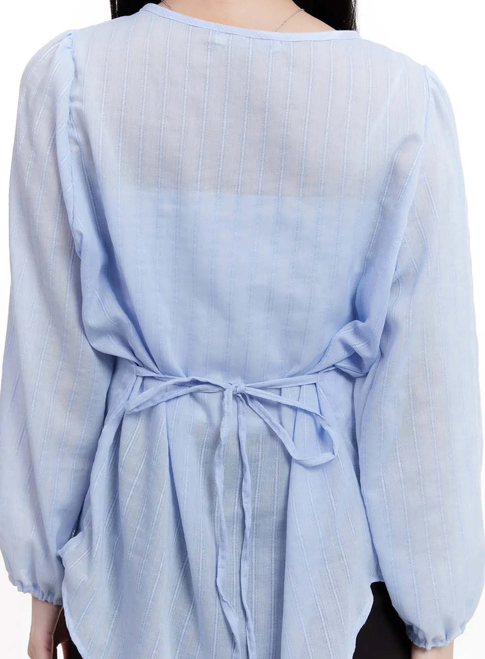 Sheer Ribbon Buttoned Long-Sleeve Blouse CM527