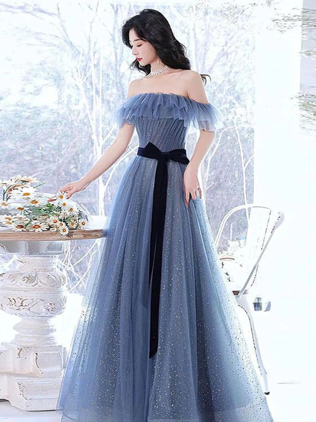 Shiny Off the Shoulder Blue Long Prom Dresses, Off Shoulder Blue Long Formal Graduation Dresses