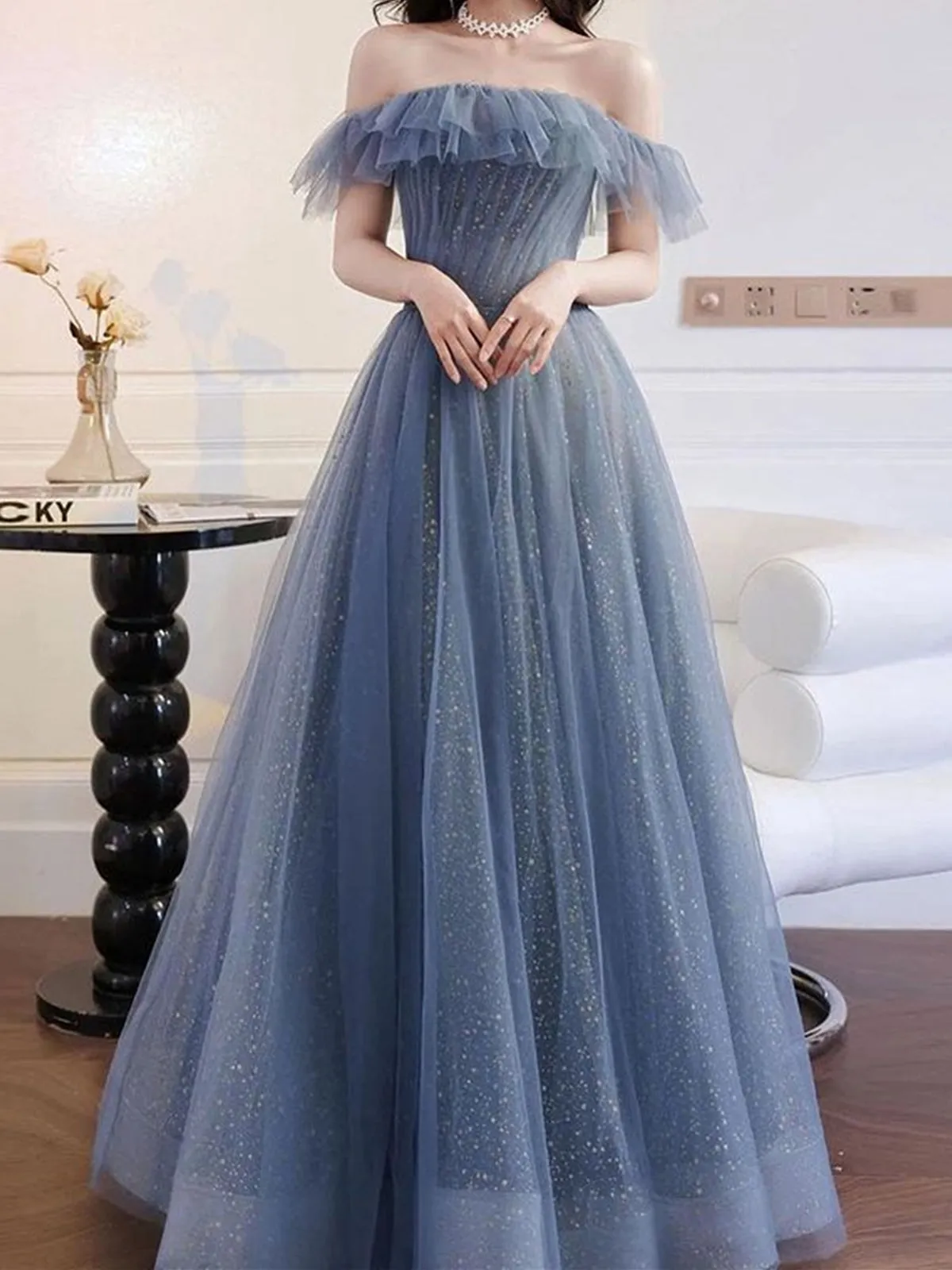 Shiny Off the Shoulder Blue Long Prom Dresses, Off Shoulder Blue Long Formal Graduation Dresses