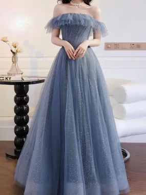 Shiny Off the Shoulder Blue Long Prom Dresses, Off Shoulder Blue Long Formal Graduation Dresses
