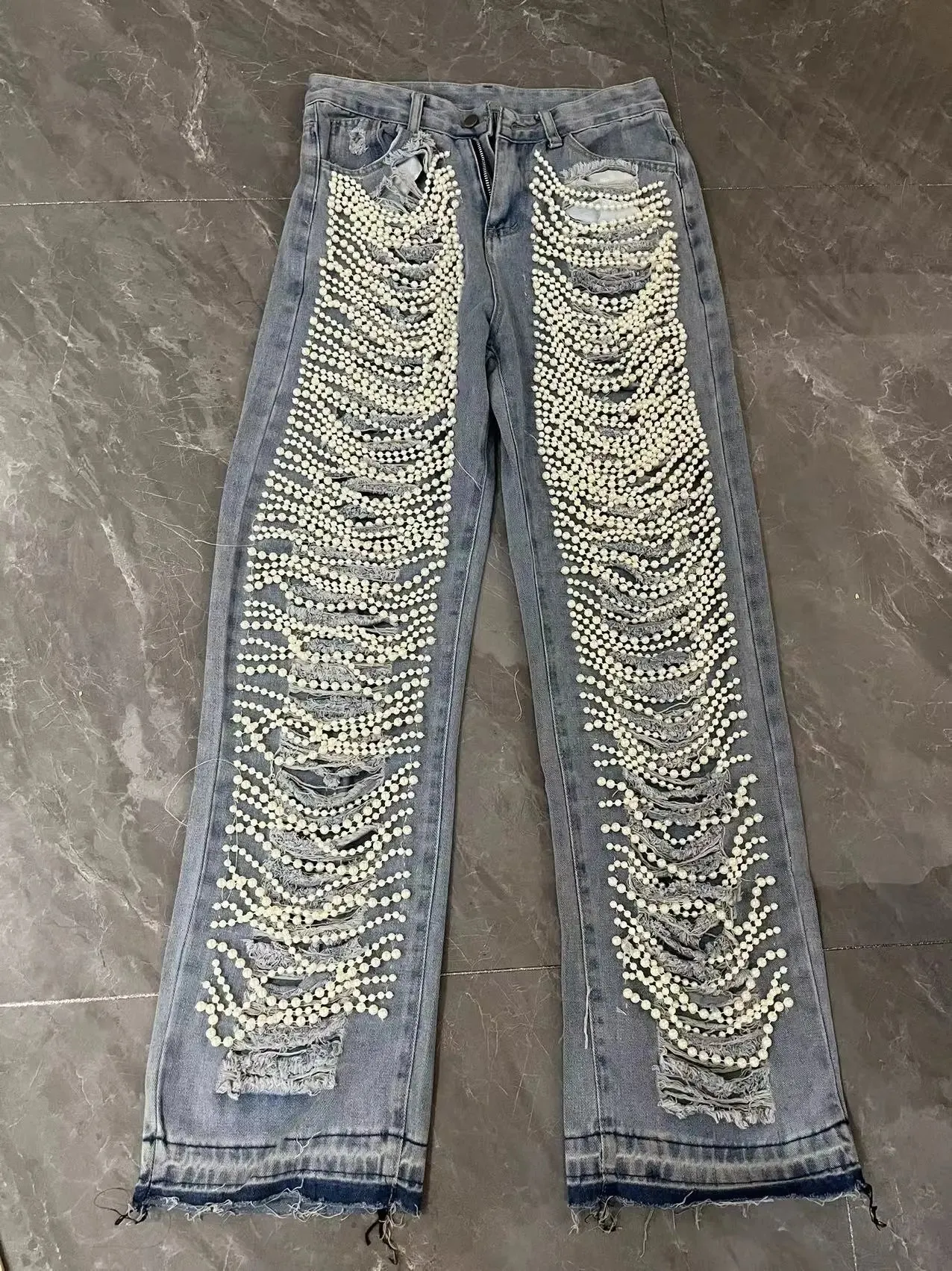 Trendy Pearl Hollow Out High Waist Jeans