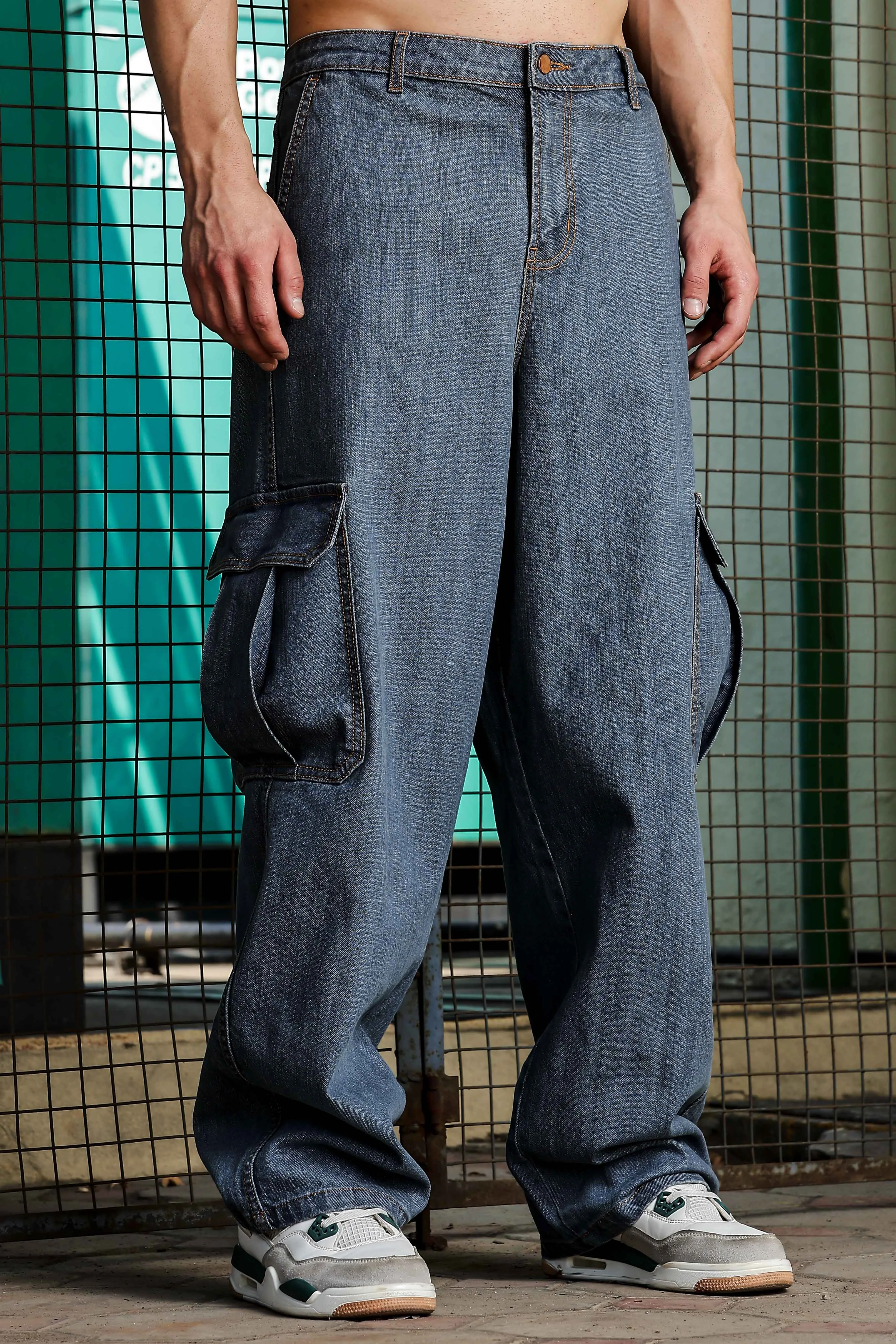 Unisex Blue Relaxed Fit Denim Baggy Cargo