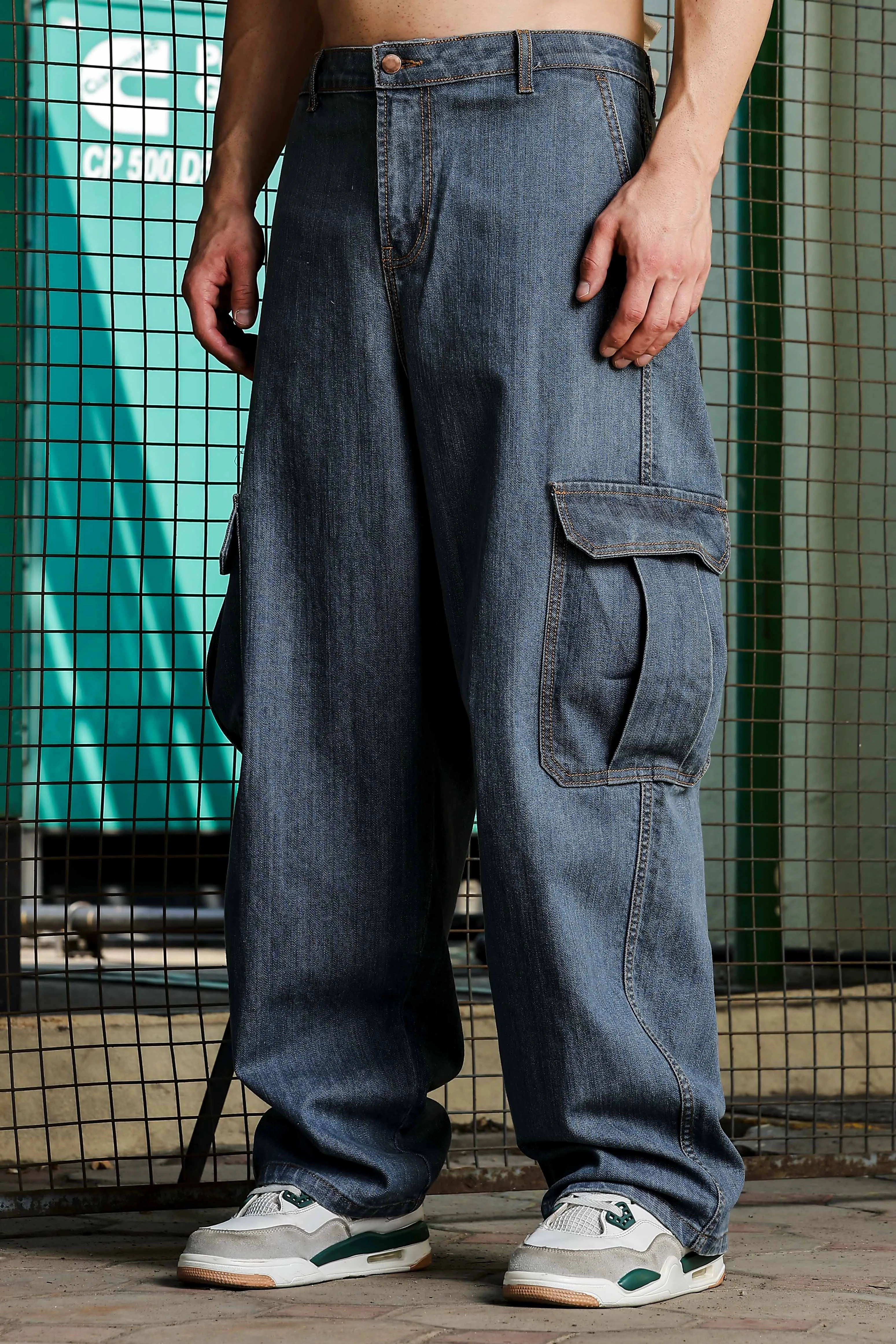 Unisex Blue Relaxed Fit Denim Baggy Cargo