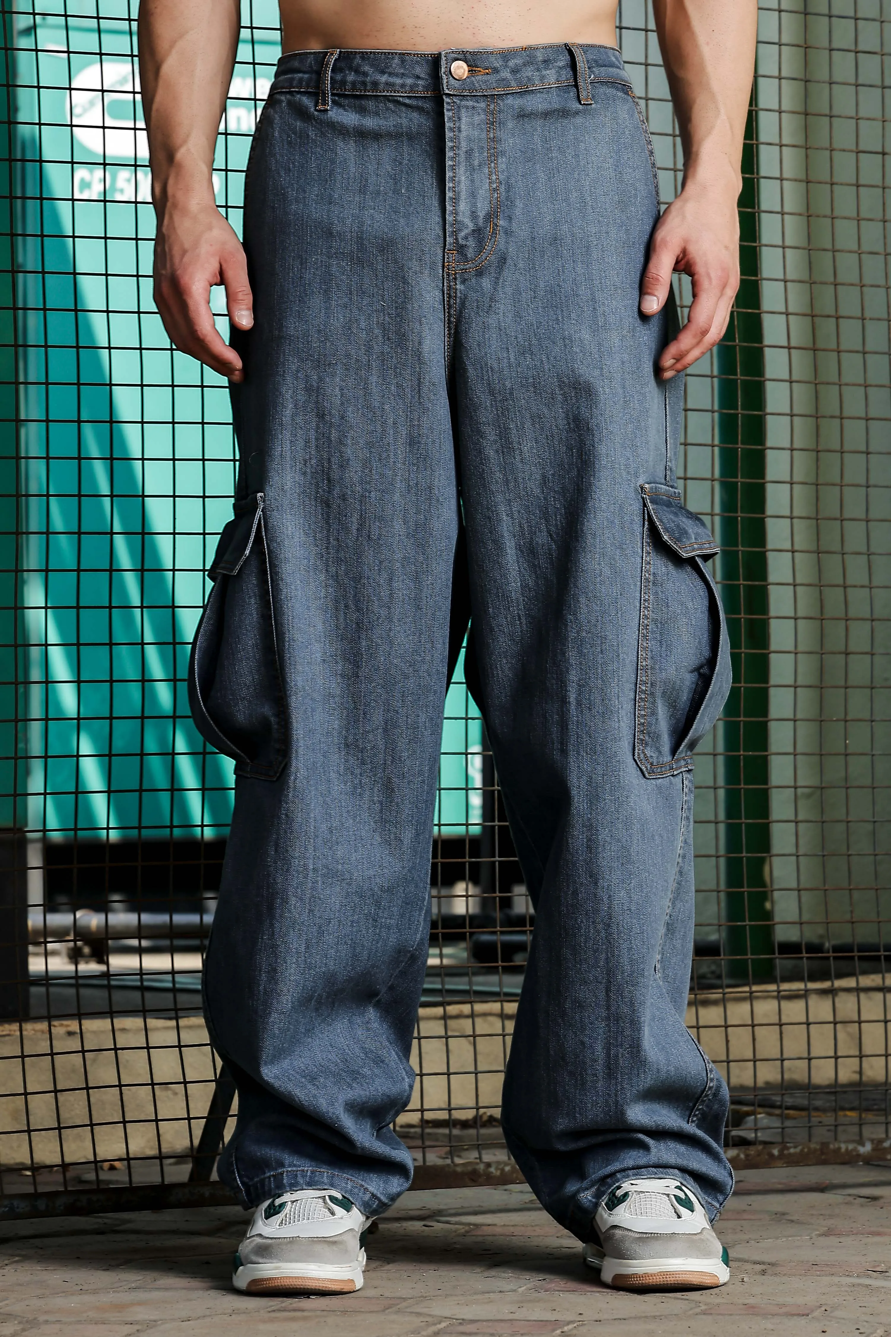 Unisex Blue Relaxed Fit Denim Baggy Cargo