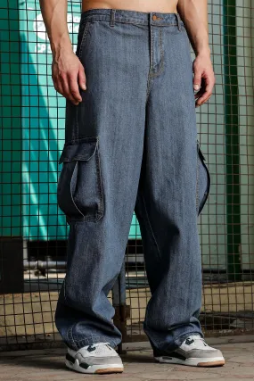 Unisex Blue Relaxed Fit Denim Baggy Cargo